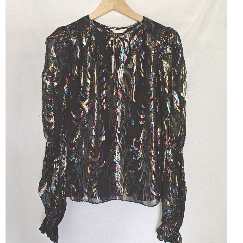 Trina Turk‎ Top Ambrosial Silk Blend Black Metallic Long Sleeve Blouse Tinsel XS